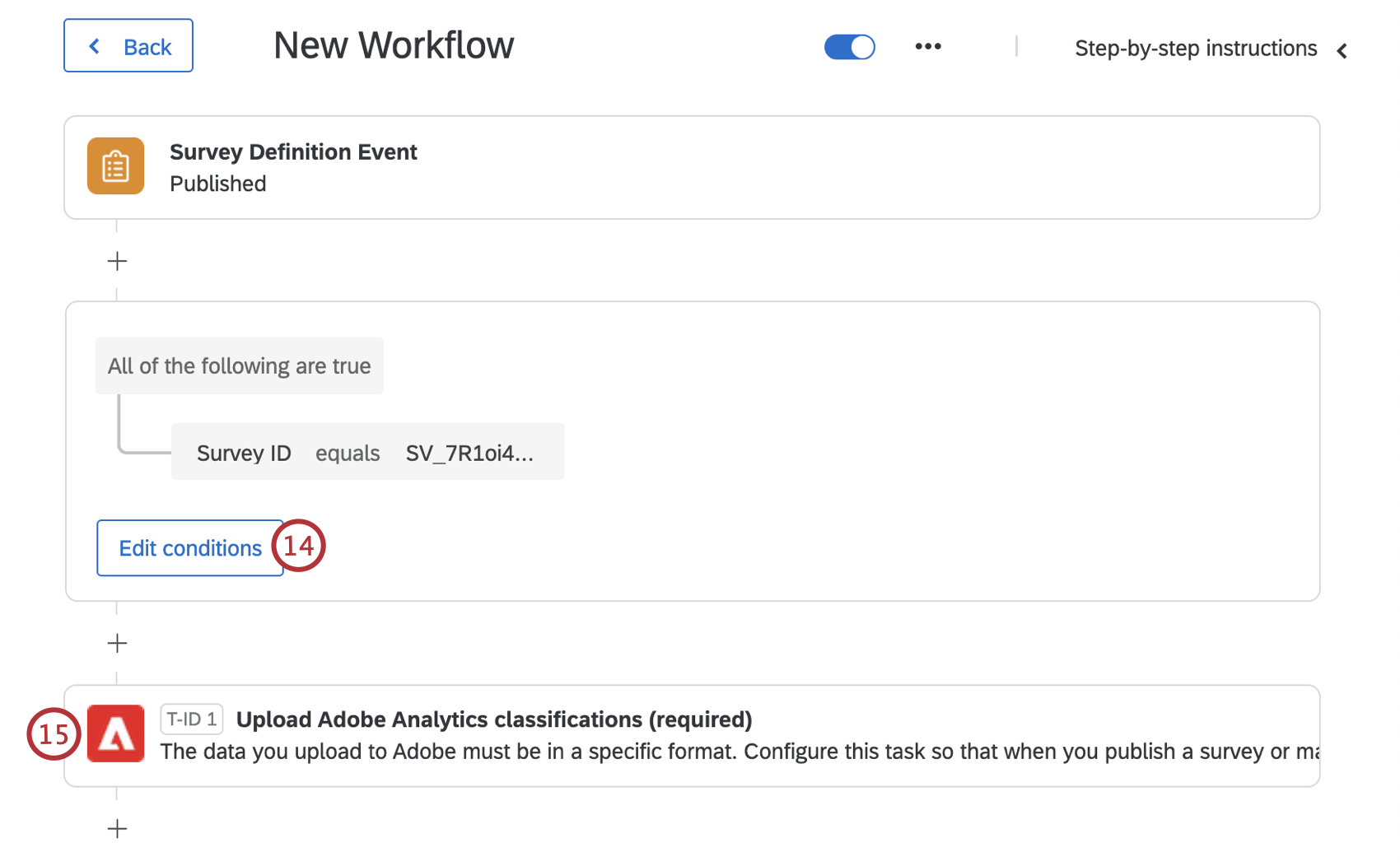 adding conditions and the Upload Adobe Analytics classifications task