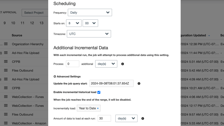 an example setup showing a daily job loading 30 days worth of data for each month of the year until the current month