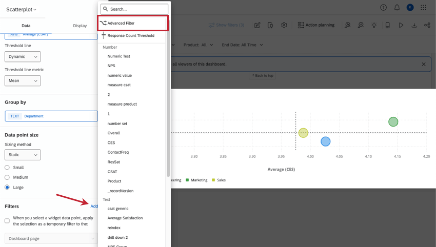 filter und erweiterte Filter werden in einem Widget im Bearbeitungsmodus hervorgehoben