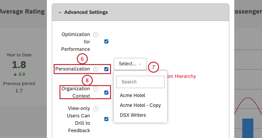 Select the Personalization checkbox. Choose 1 of the active organization hierarchies from the menu. You can enable the Organization Context option to allow users to see, but not access, the entire organization hierarchy in dashboard filters regardless of their position within it. This step is optional.