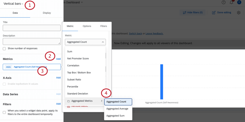 clicking add metric in a widget. choosing an aggregated metric to report on