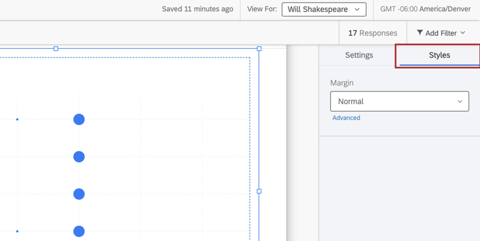 La pestaña Estilos de un gráfico tiene un menú desplegable de margen