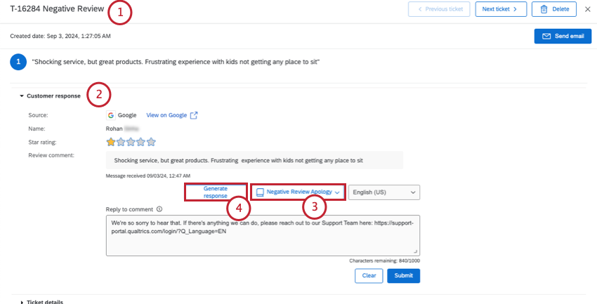 generate response button within a specific ticket