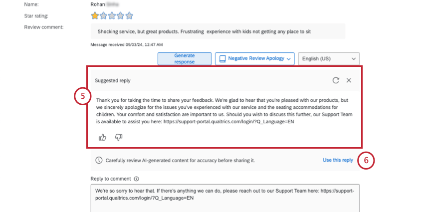 reviewing a suggested reply for the ticket