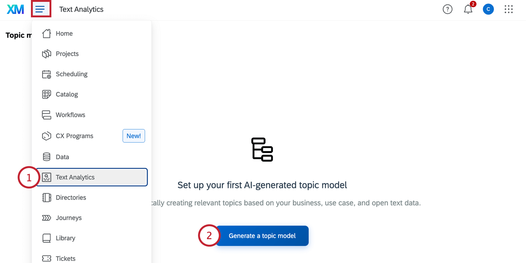 clicking "generate a new model" in the text analytics tab