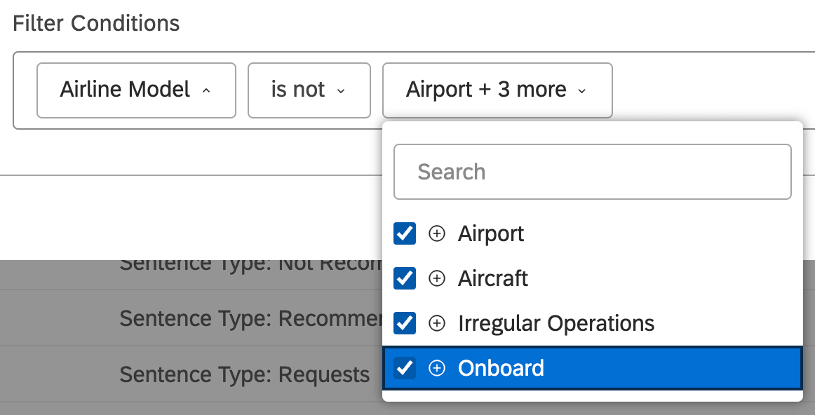 Les conditions du filtre indiquent que la compagnie aérienne nest pas laéroport, lavion, les opérations irrégulières ou lembarquement