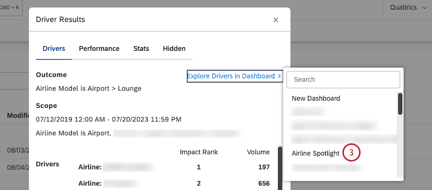 In the searchable list of available dashboards, click the name of the dashboard to which you wish to add the scatter widget.