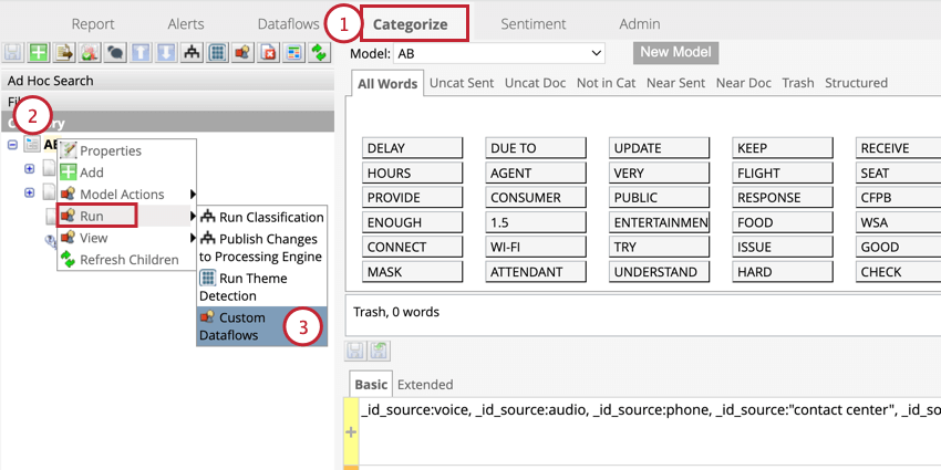 right clicking a category model in the categorize tab and choosing "custom dataflows"