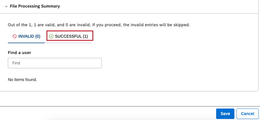 Once all entries are validated correctly, click Save at the bottom-right of the File Processing Summary section.