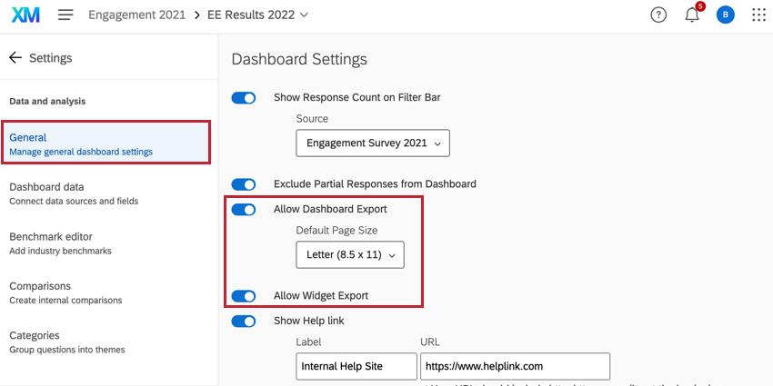 enabling allow page export and allow widget export in general dashboard settings