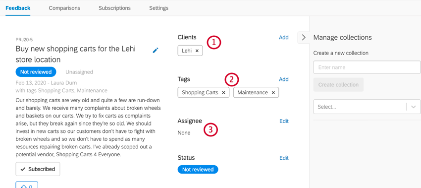 Hinzufügen von Clients, Tags und einem Bearbeiter zu einer Anforderung