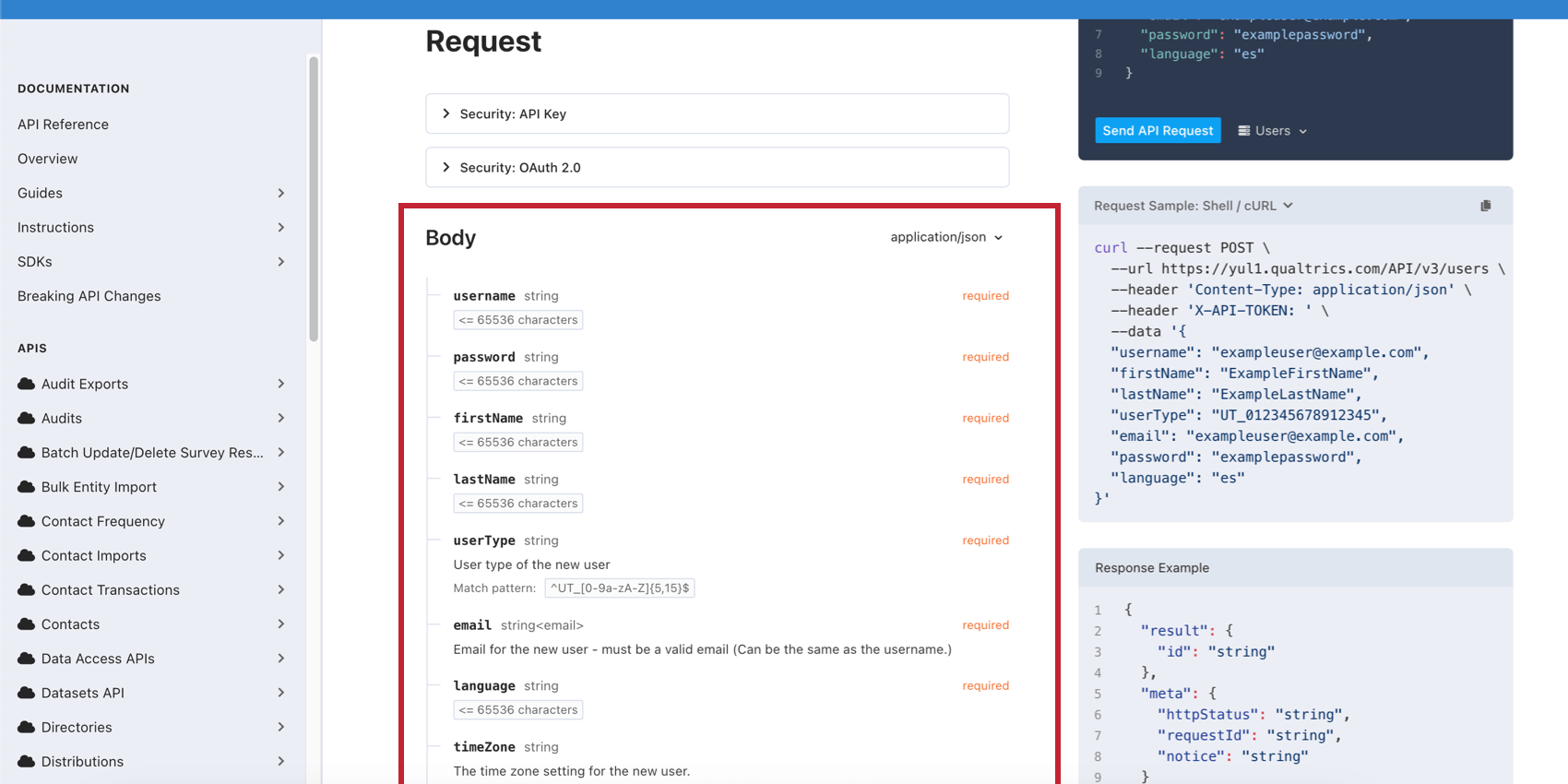 Liste der Parameter für API