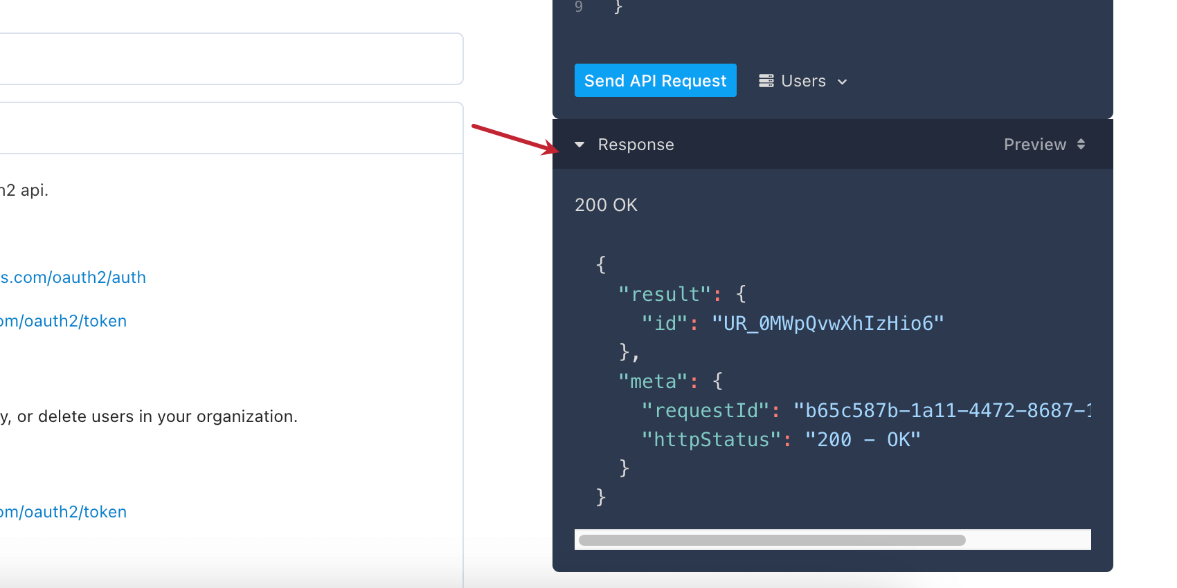 Output appears in a black modal just below where you tested the API call