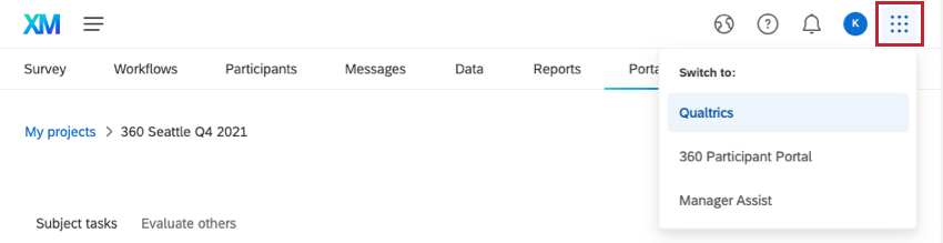 Button with the aria label "switch to." Appears in the header next to the profile icon where you can open account settings
