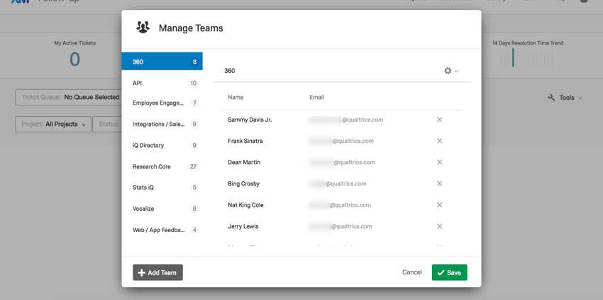 Ticket teams window displaying the list of teams by product to the left, and a list of members if the 360 team in the center