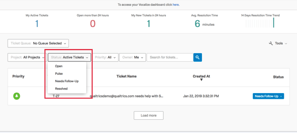Filtering tickets using the statuses dropdowns along top