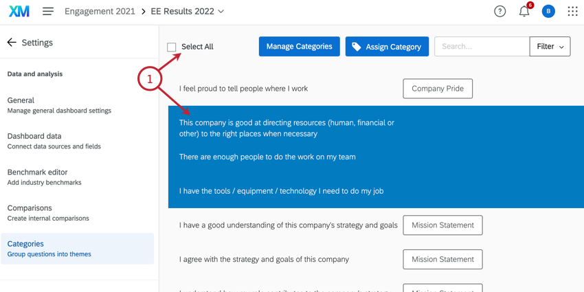 escolher perguntas para atribuir a uma categoria
