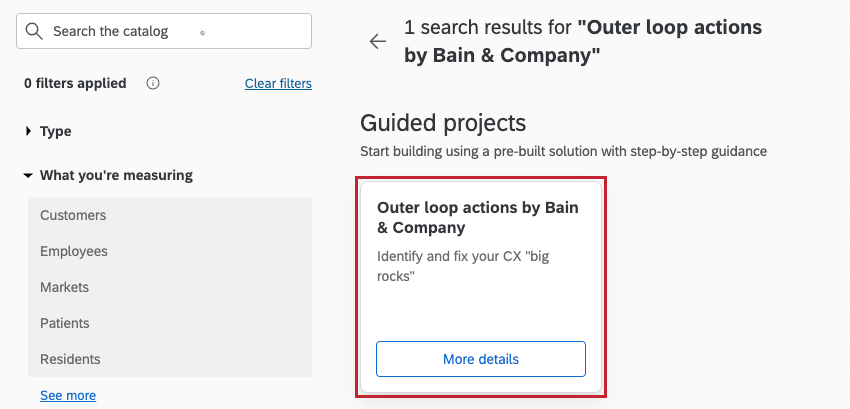 un projet Outer Loop de Bain surligné dans le catalogue