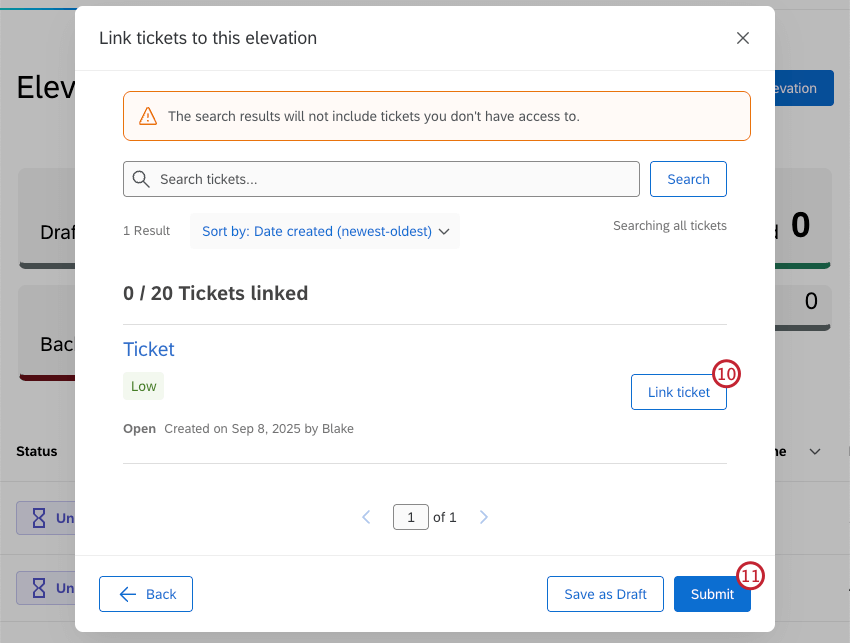 buttons to link a ticket and submit the elevation highlighted