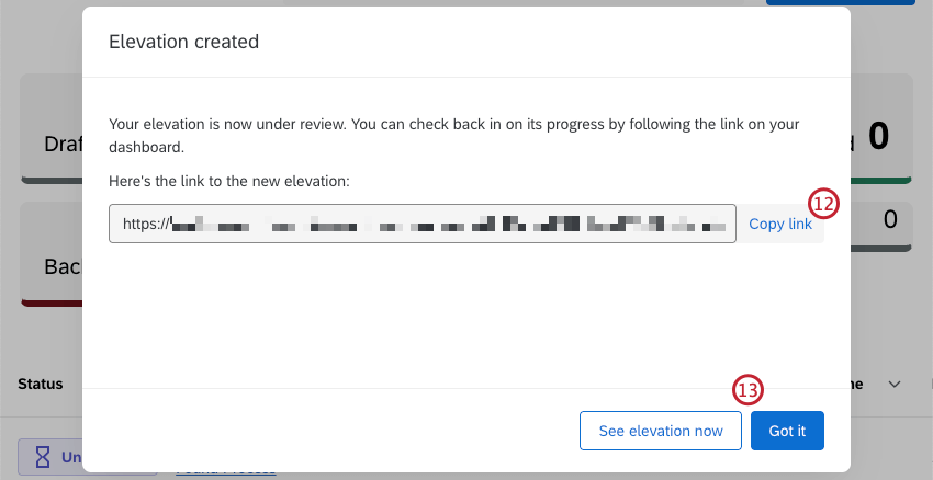 pop up window with a direct link to the elevation within the dashboard