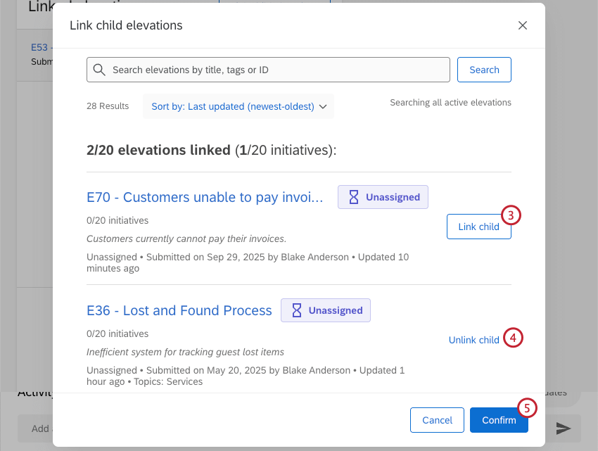 lista de elevaciones disponibles que se pueden vincular