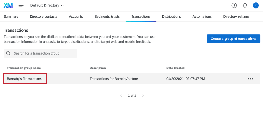 selecting a transaction group from the list