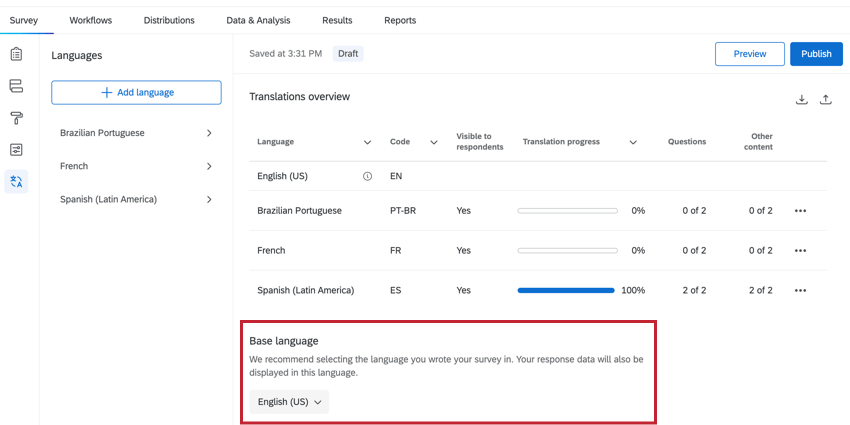 the base language options at the bottom of the translations page