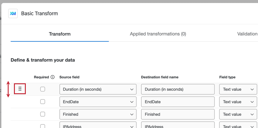 hovering the mouse to the left of a field to reorder it
