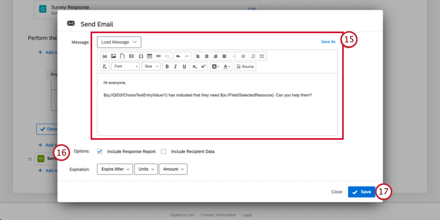 Faites défiler vers le bas dans la fenêtre denvoi du courrier électronique. Il y a un champ pour le message avec un éditeur de contenu riche au-dessus. En haut à gauche, bouton permettant dajouter des messages de bibliothèque. En haut à droite, bouton pour enregistrer dans la bibliothèque