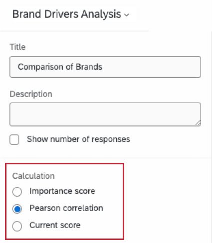 imagen del panel de edición del widget . La sección de cálculo tiene 3 opciones: puntuación de importancia, correlación de Pearson y puntuación actual.