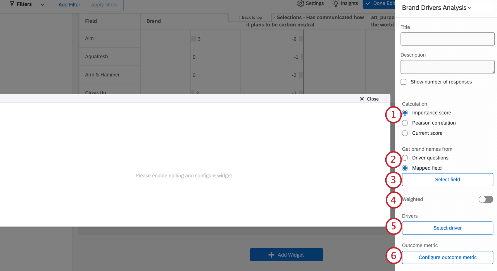 Calculation settings in widget editing pane