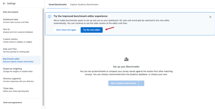 banner along the top of the benchmark editor alerting you of an improved experience, with a big blue button you can click to convert