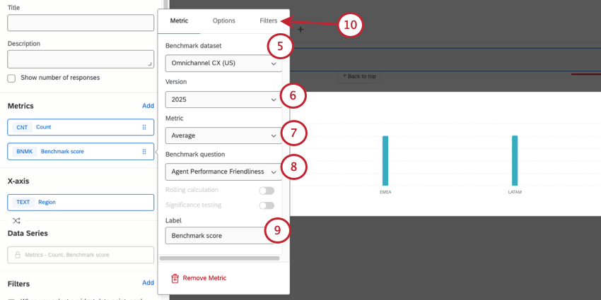 when adding a benchmark as a metric, modal that opens to the right where you can play with premade Qualtrics data