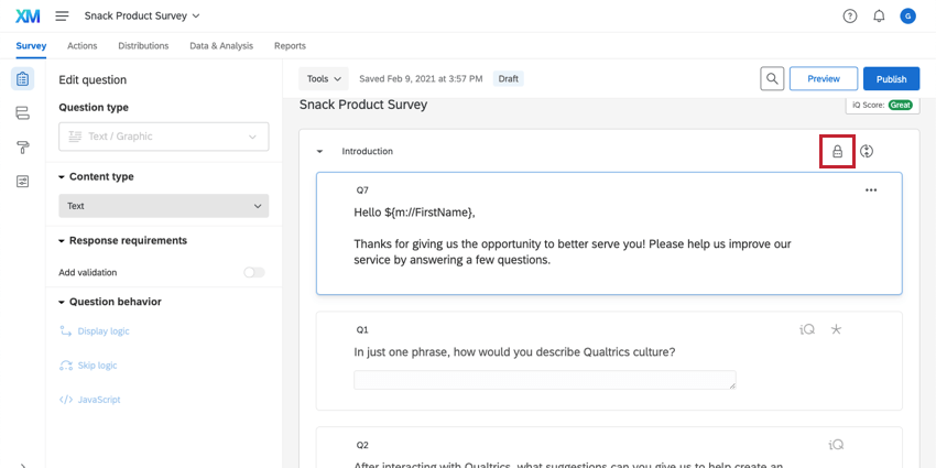 Lock block icon on the Introduction block in the survey editor
