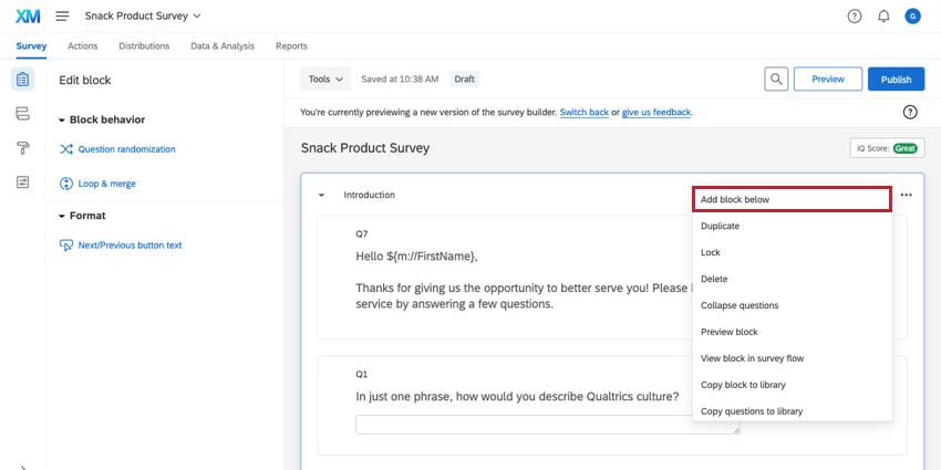 Adicionar bloco abaixo da opção