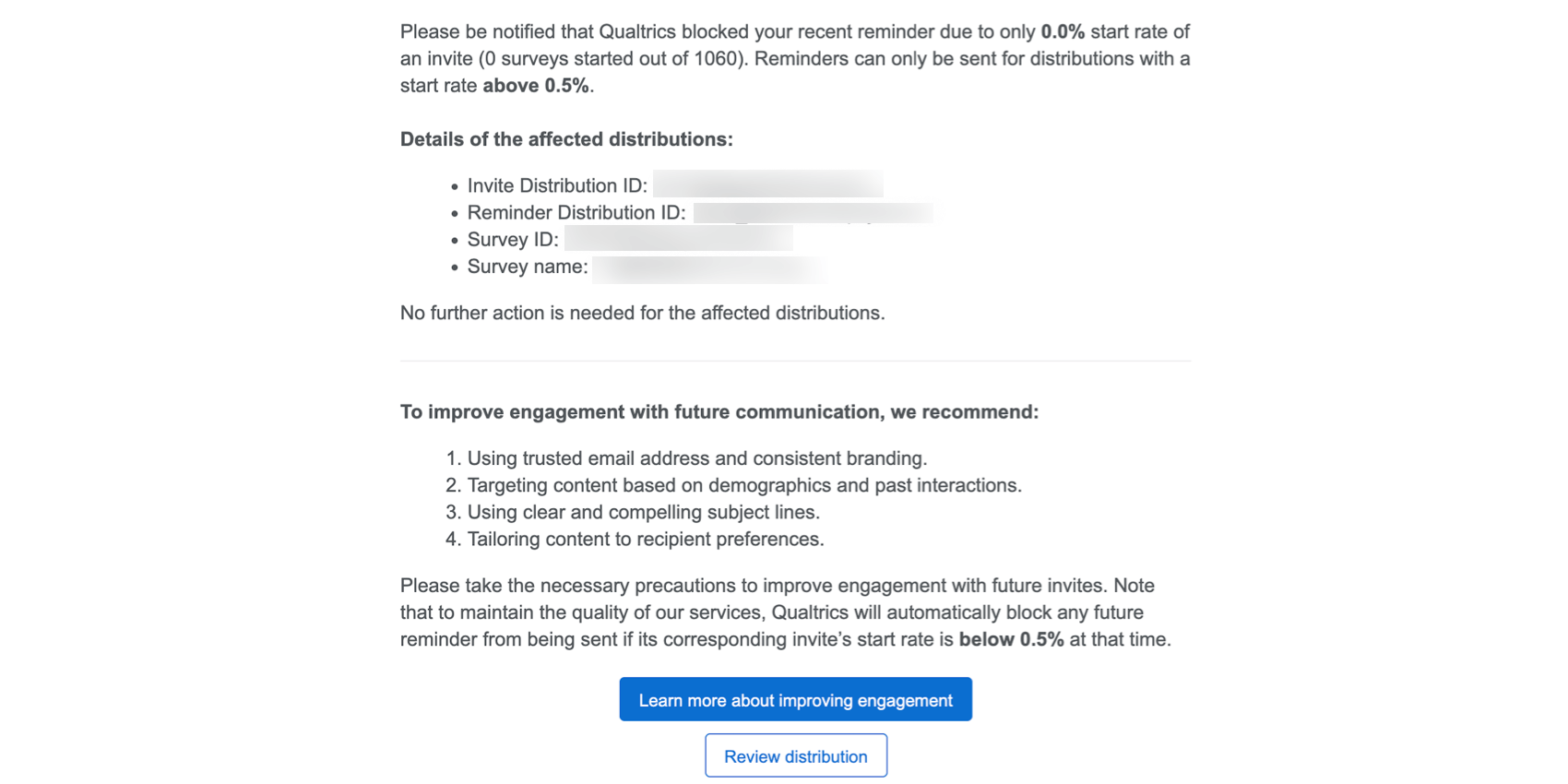 リマインダーが低 Engage のためブロックされた場合に送信されるメール。