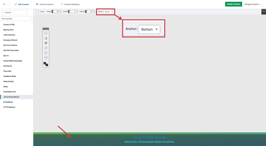 the anchor is set to bottom, and so the info bar appears at the bottom of the webpage