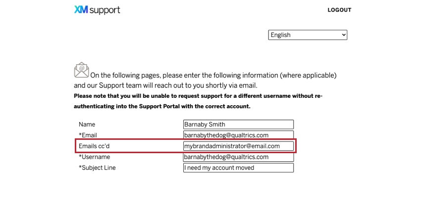 Das Support-Formular im customer success Hub und das Feld E-Mails cc enthält eine Beispiel-E-Mail.