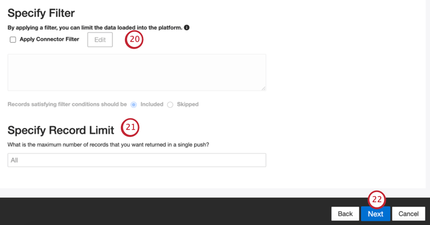 page for specifying filters and record limits