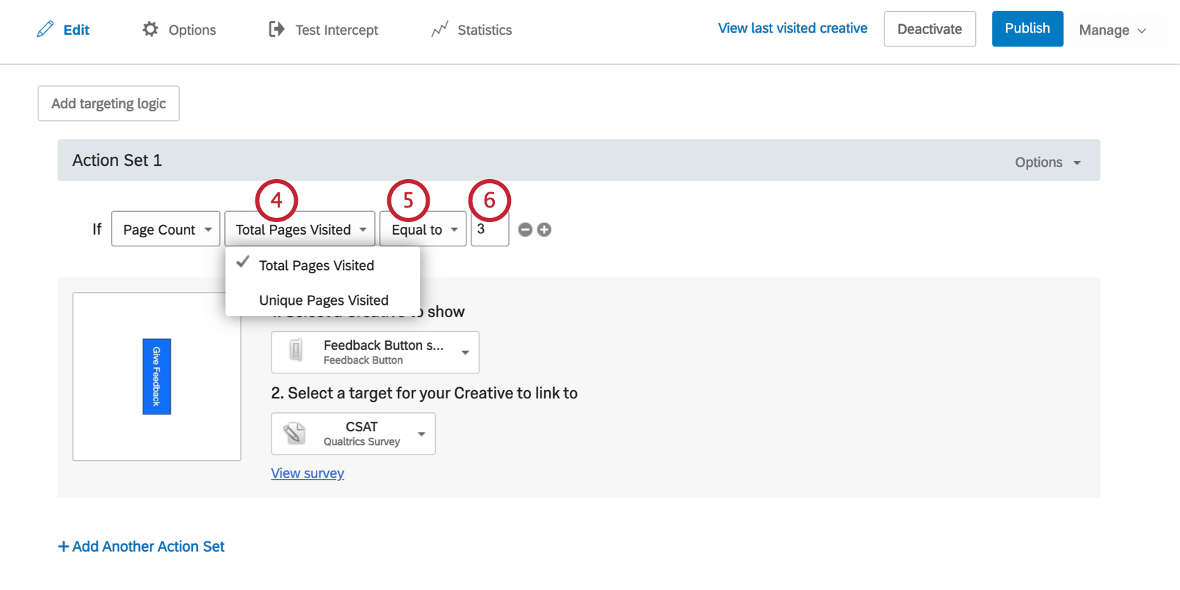 Condition says to show the Creative if Page count Total Pages Visited is Equal to 3
