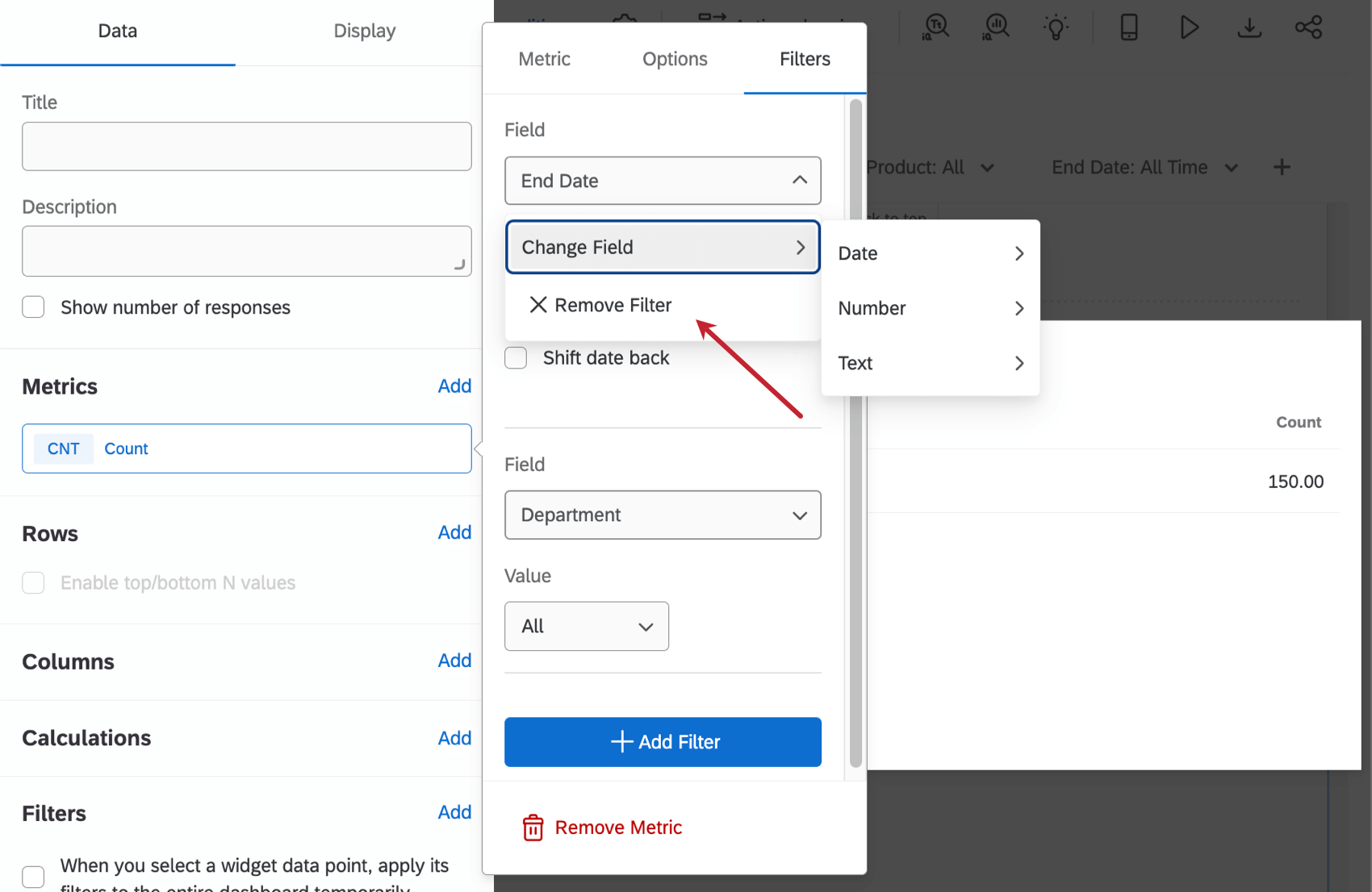 Metric on a widget is opened up, filters tab opened. click a filter and select remove from the dropdown