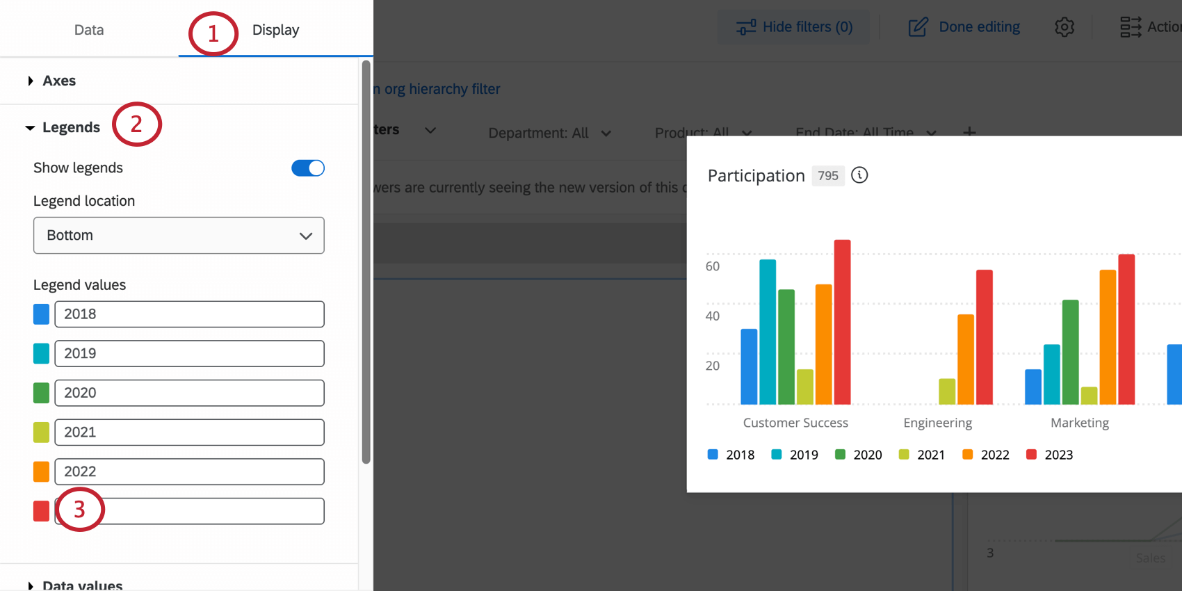 La pestaña de visualización del editor de widget está abierta y, desde las listas desplegables de configuración, se expanden las leyendas, mostrando una lista de elementos del widget y sus colores asociados