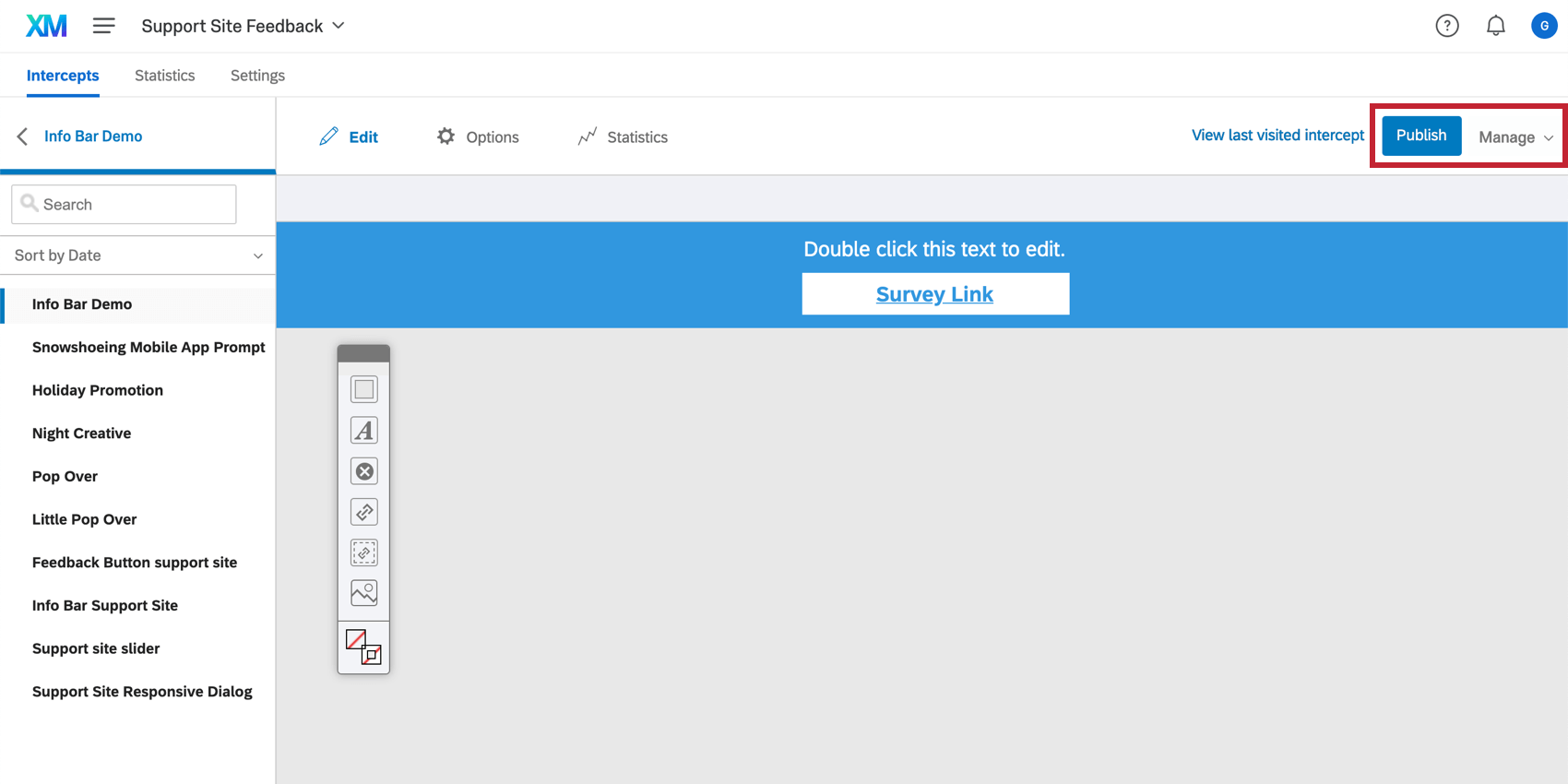 Publish and Manage options at the top right of the creative editor