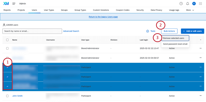 users are selected using checkboxes next to their names. bulk actions button is clicked, revealed two options: remove selected users and send password reset email