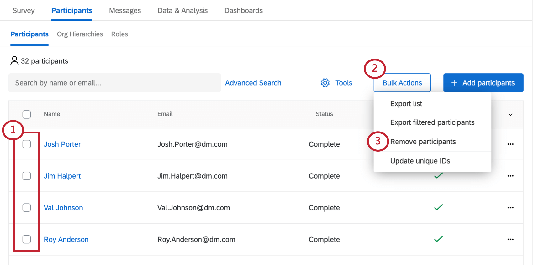 Remove participants option from bulk actions menu