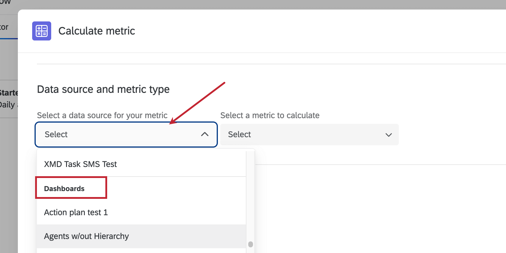 Création dune tâche de calcul dindicateurs, et le champ sélectionner une source de données pour votre indicateur est ouvert ; dans le menu qui apparaît, il y a une section appelée Tableaux de bord