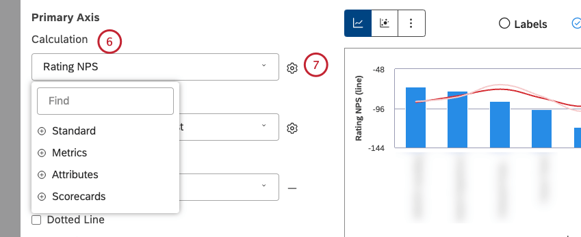 In the Primary Axis section, you can select what you wish to report on (group data by) and which metric you want to measure it with. You can configure each grouping to only return the data you need. Select a calculation to be plotted along the primary vertical (for column chart or pareto chart) or horizontal (for car chart) axis.