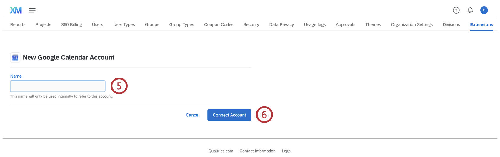 Schermata Nuovo account con i pulsanti Nome e Connetti account evidenziati.