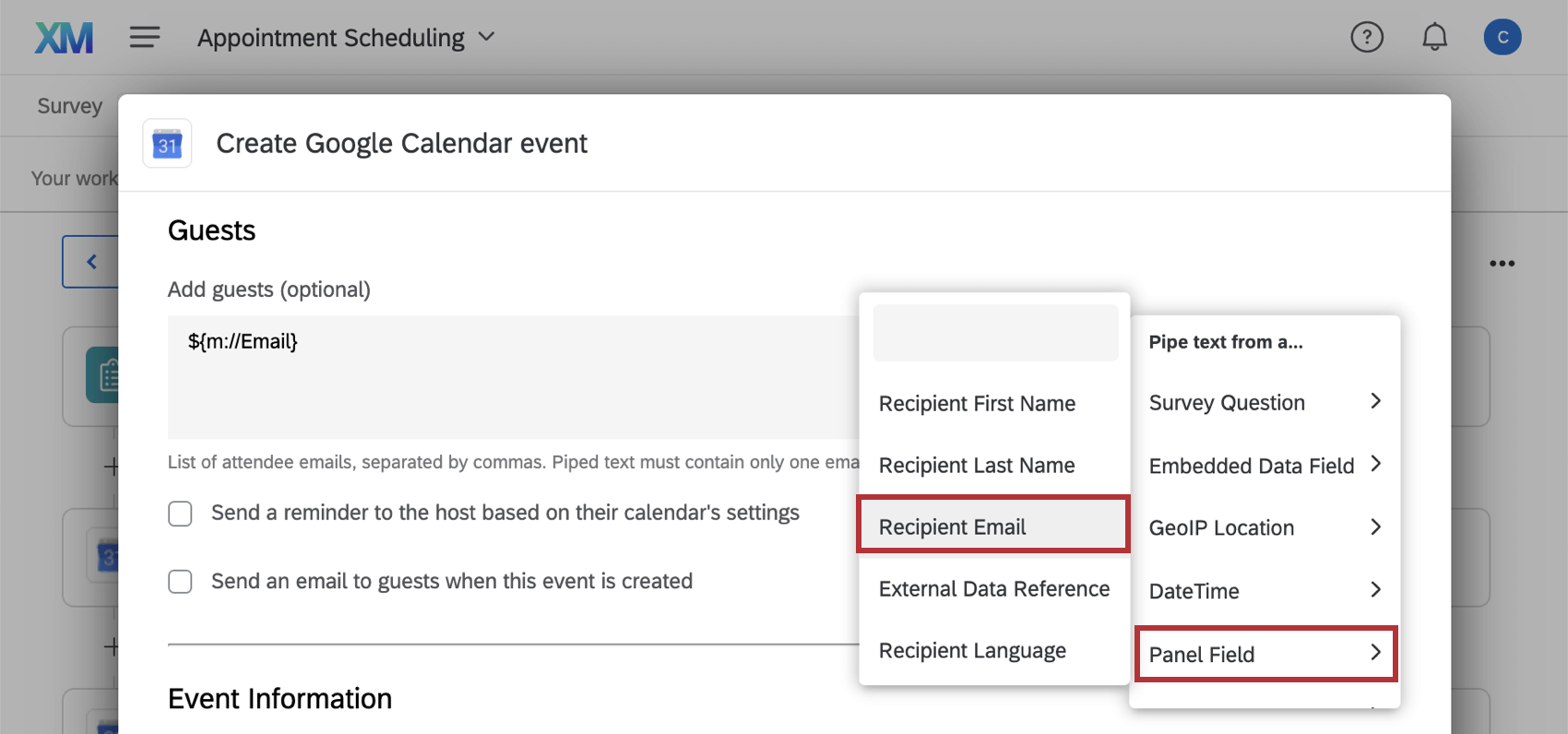 Piped text dropdown with recipient email and panel field selected.