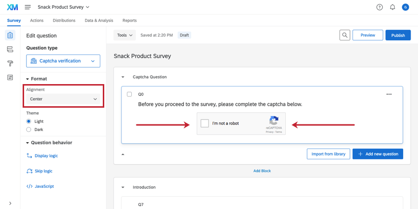 Centered captcha button with the Alignment set to Center in the left question options pane
